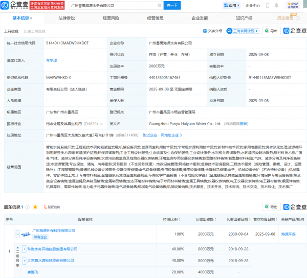 炒股选配资 珠海水控集团、碧水源等新设水务公司，含海水淡化处理业务